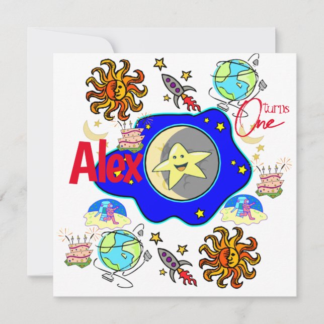 childrens first baby birthday invitation Spaceship (Front)