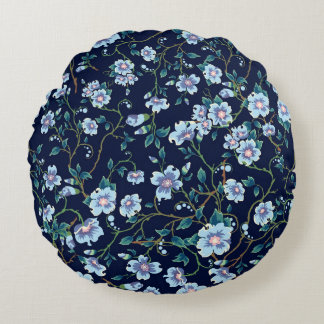 Children's flowers: seamless dark blue round cushion