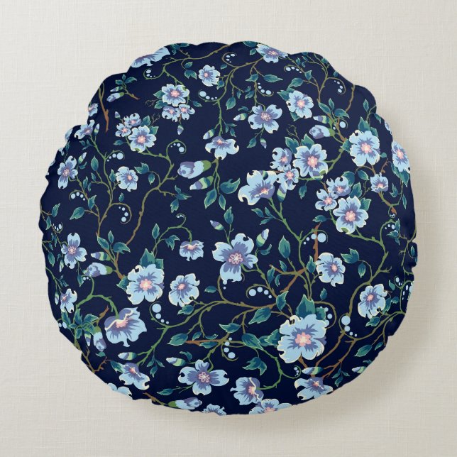 Children's flowers: seamless dark blue round cushion (Front)