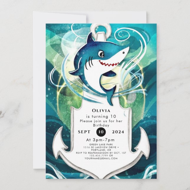 Children's Fun Watercolor Shark Birthday Invitation (Front)