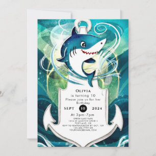 Children's Fun Watercolor Shark Birthday Invitation