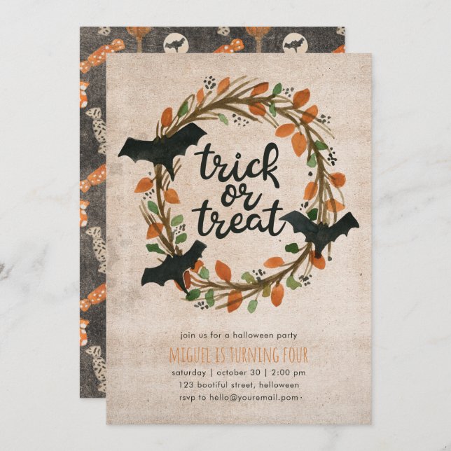 Childrens Halloween Birthday Party Trick Treat Bat Invitation (Front/Back)