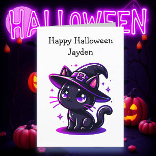 Children's Halloween Black Cat Colouring Page Card