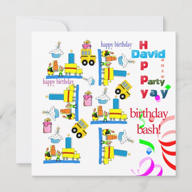 Children's Happy Birthday Invitation Trucks Buses  (Front)