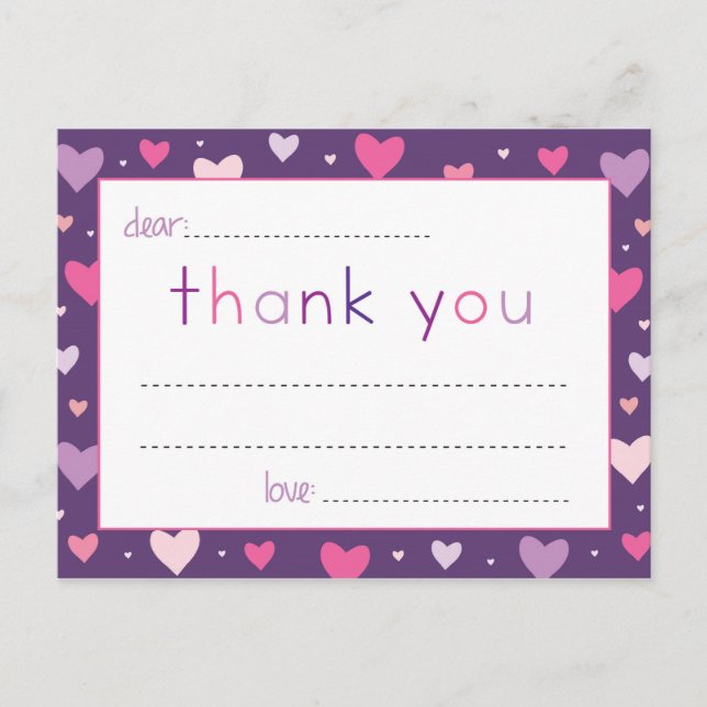 Children's Heart Fill In The Blank Thank You Notes Postcard (Front)