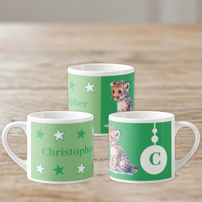 Children's leopard mug personalised name green (Creator Uploaded)