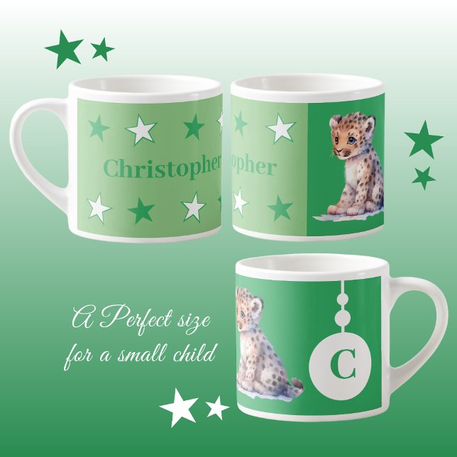 Children's leopard mug personalised name green (Creator Uploaded)