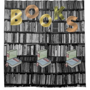 children's library book shower curtain black white