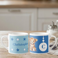 Children's lion mug personalised name blue