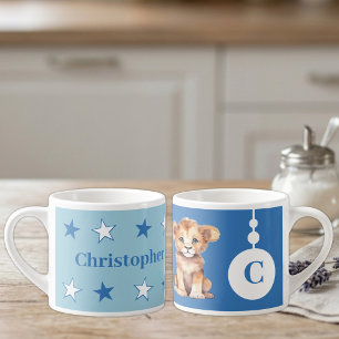 Children's lion mug personalised name blue