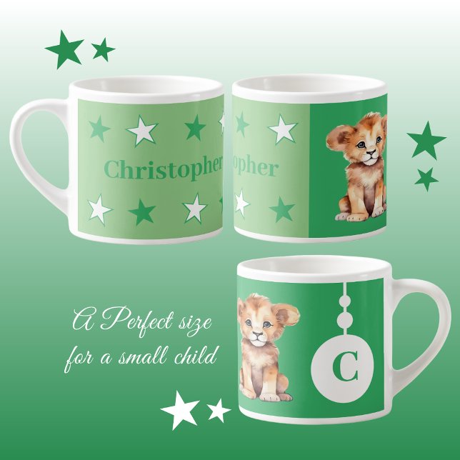 Children's lion mug personalised name green (Creator Uploaded)