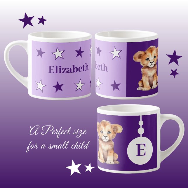 Children's lion mug personalised name purple (Creator Uploaded)