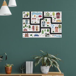 Children's map game with road, cars and houses poster
