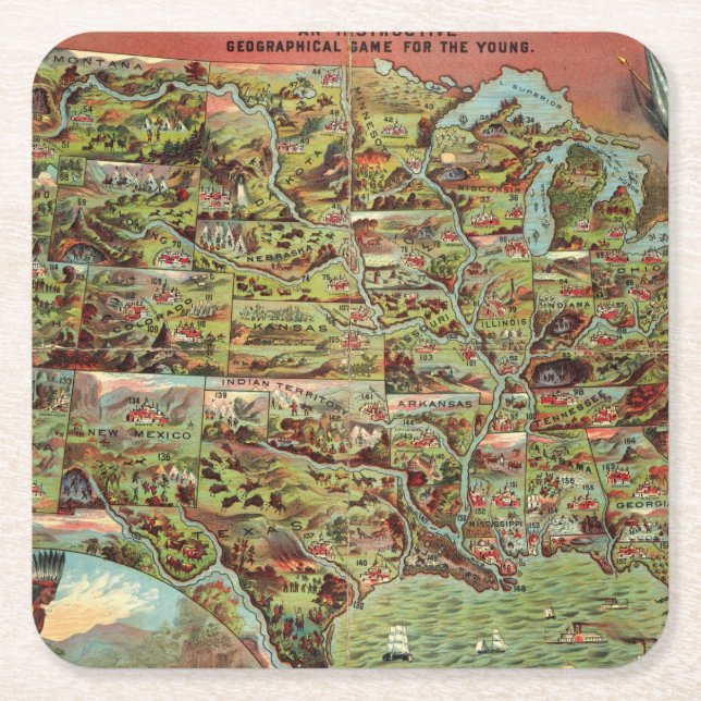 Children's Map of the United States Square Paper Coaster (Front)