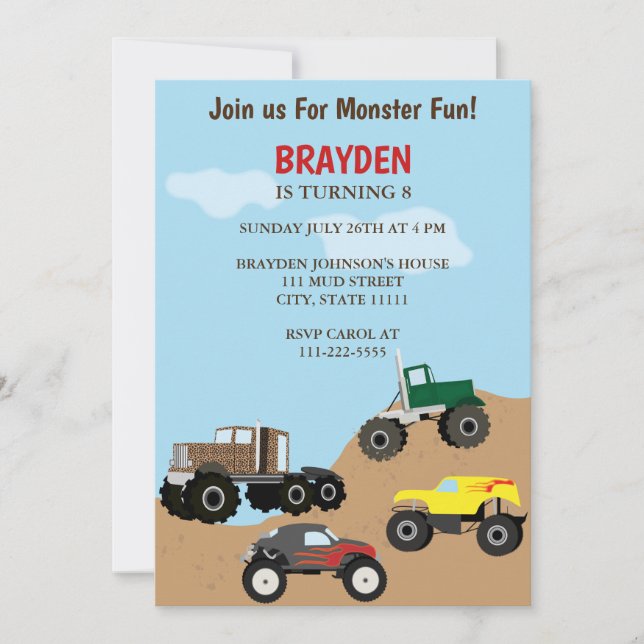 Children's Monster Truck Birthday Invitation (Front)