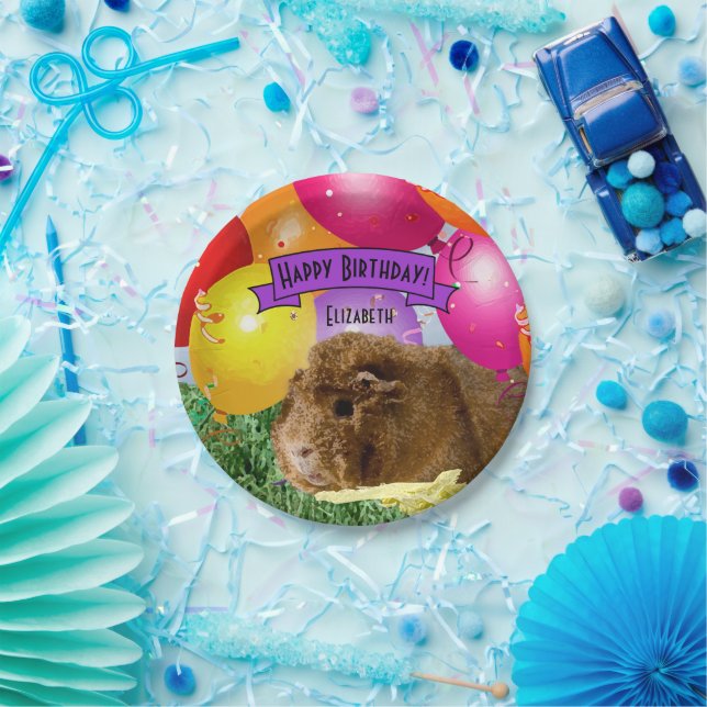 Children's Name Birthday Guinea Pig Party Balloons Paper Plate (Party)