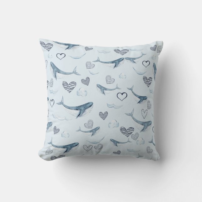 Children's Pattern With Cute Whales, Clouds&Hearts Cushion (Front)