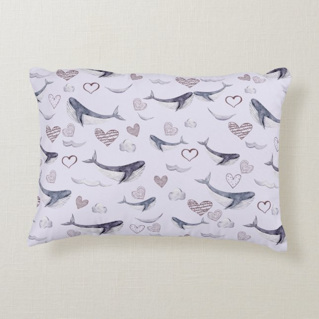 Children's Pattern With Cute Whales, Clouds&Hearts Decorative Cushion (Back)