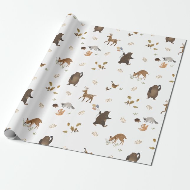 Children's Playful Cute Bear Woodland Forest Gift  Wrapping Paper (Unrolled)