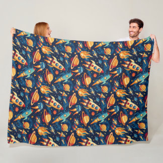 Children's Rocket Ship Pattern with Planets  Fleece Blanket