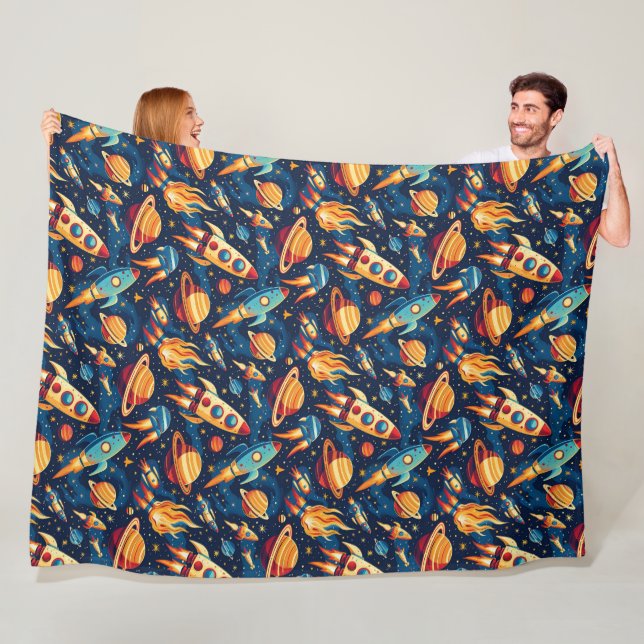 Children's Rocket Ship Pattern with Planets  Fleece Blanket (In Situ)