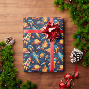 Children's Rocket Ship Pattern with Planets Wrapping Paper