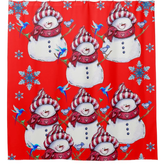 Children's snowman shower curtain red white blue (Front)