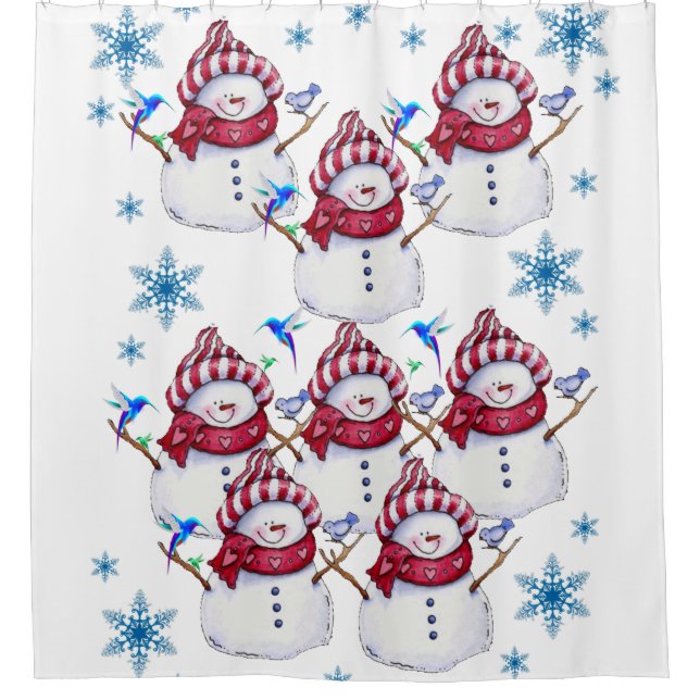 Children's snowman shower curtain red white blue (Front)