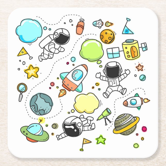 Children's Space Cartoon Background Drawing Square Paper Coaster (Front)