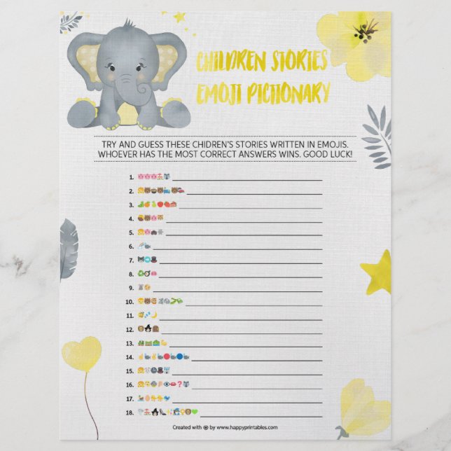 Children's Story Emoji Pictionary [Baby Elephant] Custom Letterhead (Front)