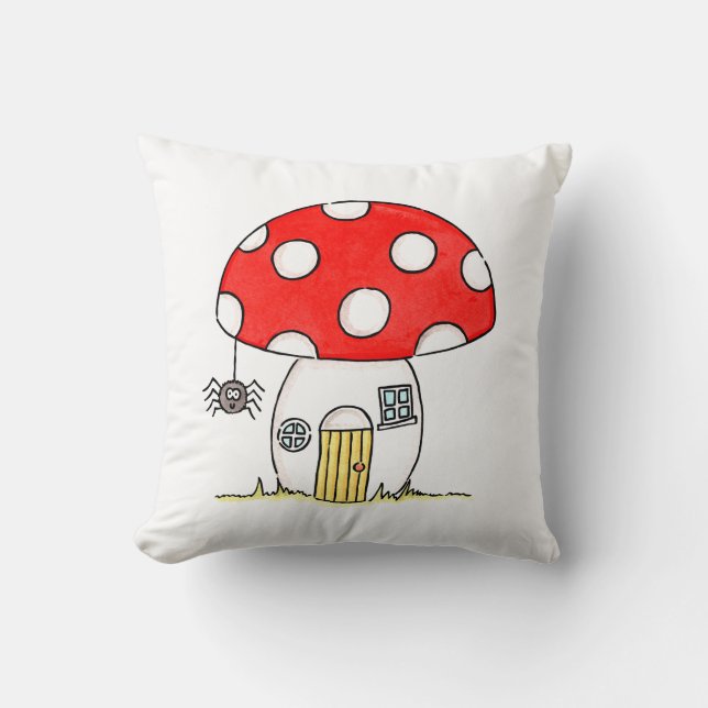Children's Toadstool & Spider Pattern Throw Cushion (Front)