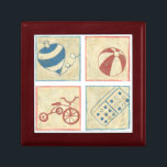 Children's Toys by Chariklia Zarris Gift Box<br><div class="desc">A domino,  tricycle,  top and beach ball are the subjects in these four woodblock drawings by Chariklia Zarris. A group of fun objects to help decorate your child’s room or liven up your home. Order your print today!</div>