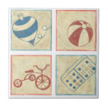 Children's Toys by Chariklia Zarris Tile<br><div class="desc">A domino,  tricycle,  top and beach ball are the subjects in these four woodblock drawings by Chariklia Zarris. A group of fun objects to help decorate your child’s room or liven up your home. Order your print today!</div>