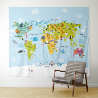 Children's World Map Bedroom Backdrop Tapestry