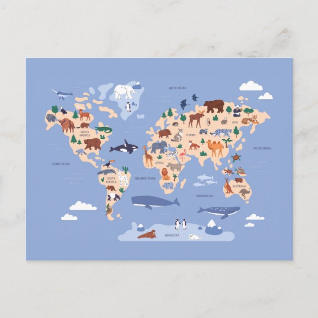 children's world map with animals invitation postcard (Front)