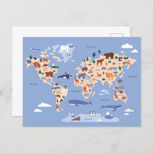 children's world map with animals postcard
