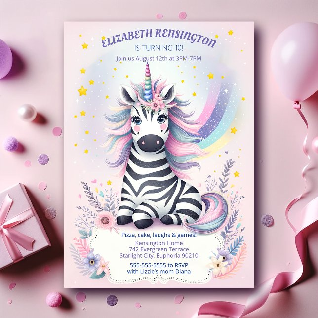Children's Zebra Unicorn Rainbow Birthday Party Invitation (Creator Uploaded)