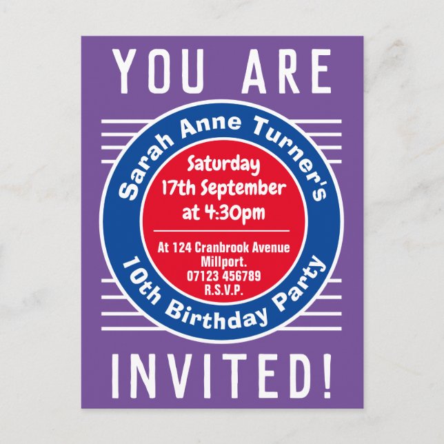 Child's 10th Birthday Party Invitation Postcard (Front)