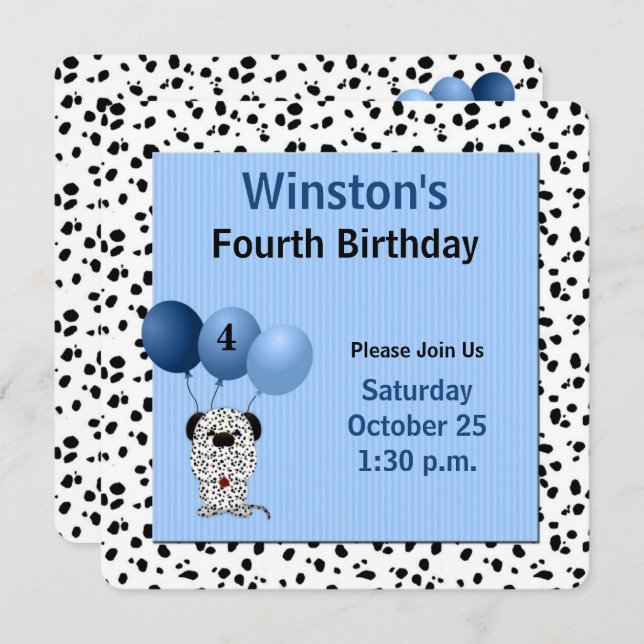 Childs 4th Birthday Dalmatian Theme in Blue Invitation (Front/Back)