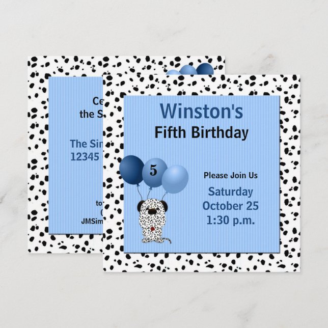Childs 5th Birthday Party Blue Dalmatian Theme Invitation (Front/Back)