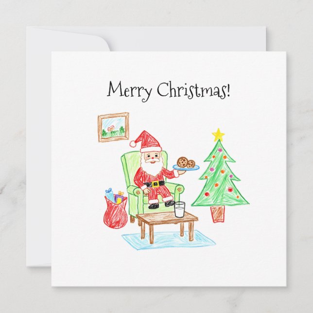 Child's Art Style Santa and Cookies Flat Greeting Card (Front)