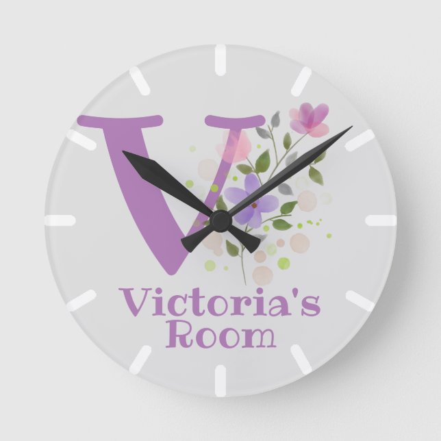 Childs Bedroom Clock with Name Victoria & Initial (Front)