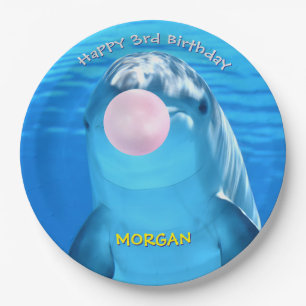 Child's Birthday Cute Dolphin Blowing Bubble, Name Paper Plate