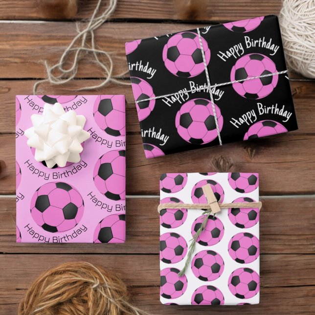 Child's Birthday Pink & Black Soccer Ball Wrapping Paper Sheet (Three 19" x 29" gift wrap sheets with soccer balls and template text.)