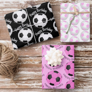 Child's Birthday Pink, White & Black Soccer Balls Wrapping Paper Sheet