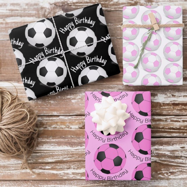 Child's Birthday Pink, White & Black Soccer Balls Wrapping Paper Sheet (three sheet 19" x 29" gift wrap)