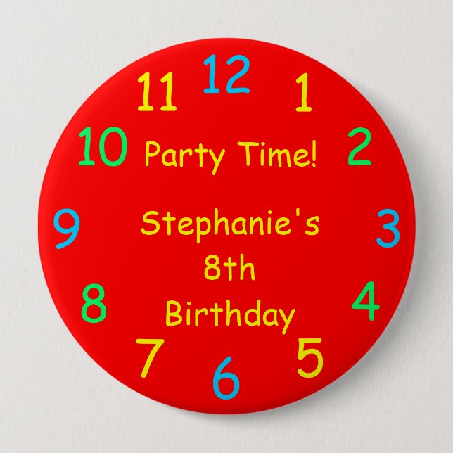 Child's Birthday Red Button / Pin, Party Time (Front)