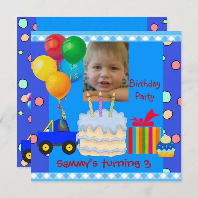 Child's Boy 3rd Birthday Party Blue Red Yellow Invitation (Front/Back)