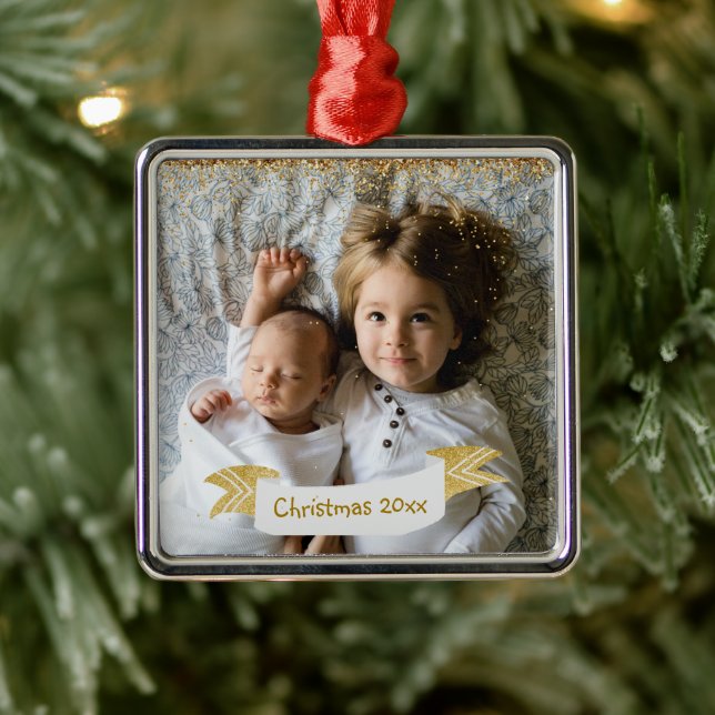 Childs Christmas Photo with Year Metal Ornament (Tree)