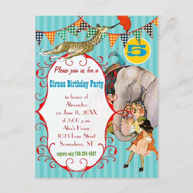 Child's Circus Elephant Peacock Giraffe Party Invitation Postcard (Front)